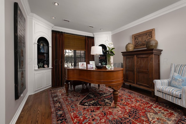 interior space featuring dark hardwood / wood-style flooring and crown molding