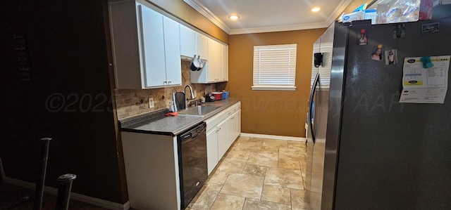 kitchen with sink, dishwasher, stainless steel refrigerator, and white cabinets