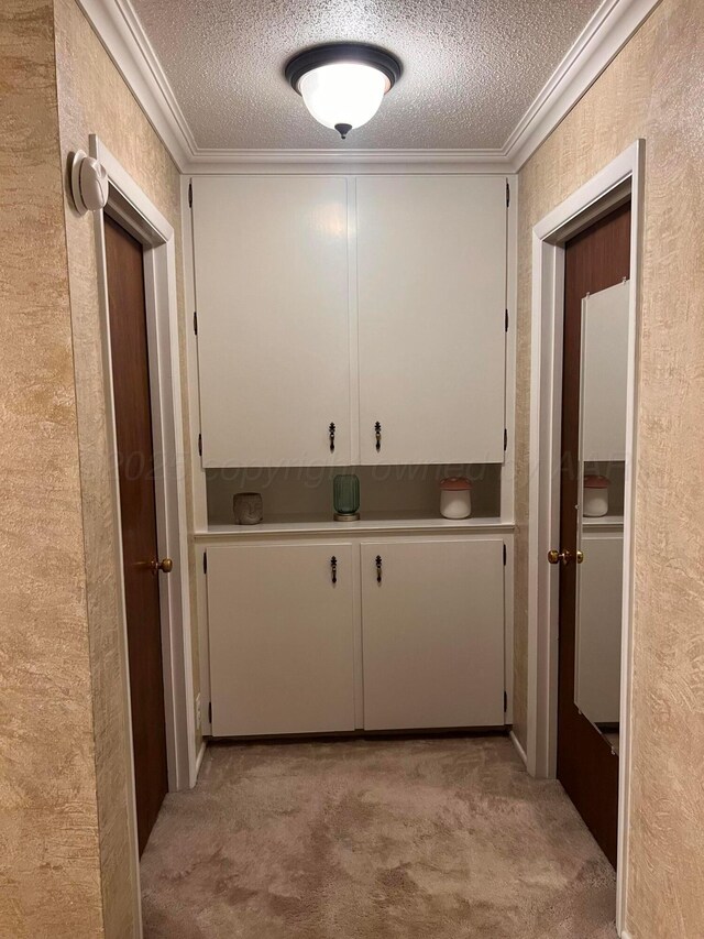 1400 16th St, Hereford, TX 79045 - hallway with a textured ceiling, light colored carpet, crown molding, and a textured wall