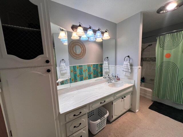 1400 16th St, Hereford, TX 79045 - bathroom featuring vanity, shower / tub combo with curtain, and a wainscoted wall