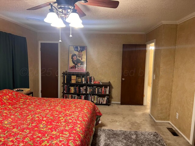 1400 16th St, Hereford, TX 79045 - bedroom with a textured ceiling, carpet flooring, a textured wall, a ceiling fan, and crown molding