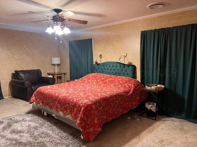 1400 16th St, Hereford, TX 79045 - carpeted bedroom featuring ornamental molding, a textured ceiling, a textured wall, and a ceiling fan