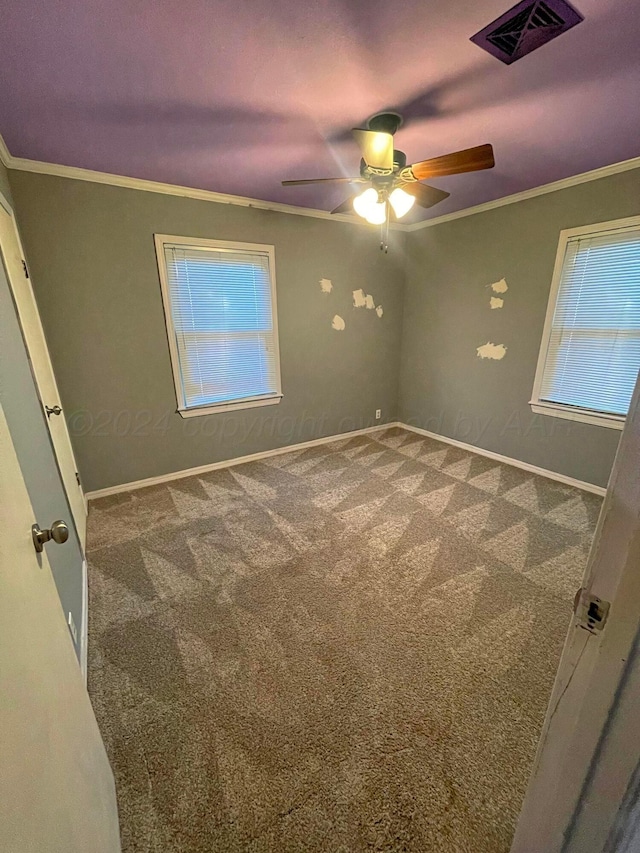 carpeted spare room featuring ceiling fan and ornamental molding