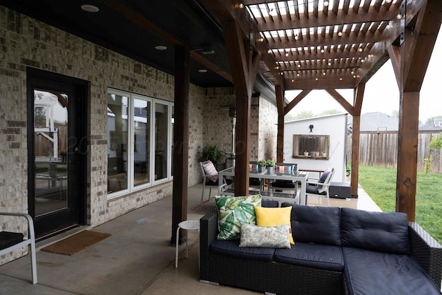 view of patio with fence, outdoor dining space, a pergola, and outdoor lounge area