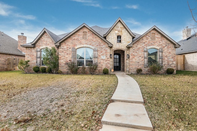 french country inspired facade with a front lawn