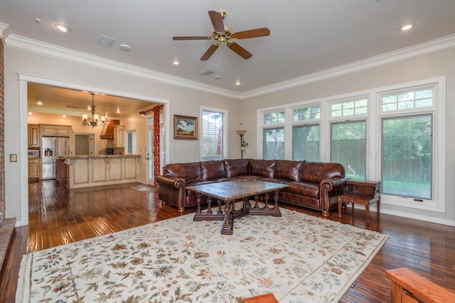 3501 Van Winkle Dr, Amarillo, TX 79121 - living room featuring dark wood-style flooring, a chandelier, crown molding, ceiling fan, and baseboards