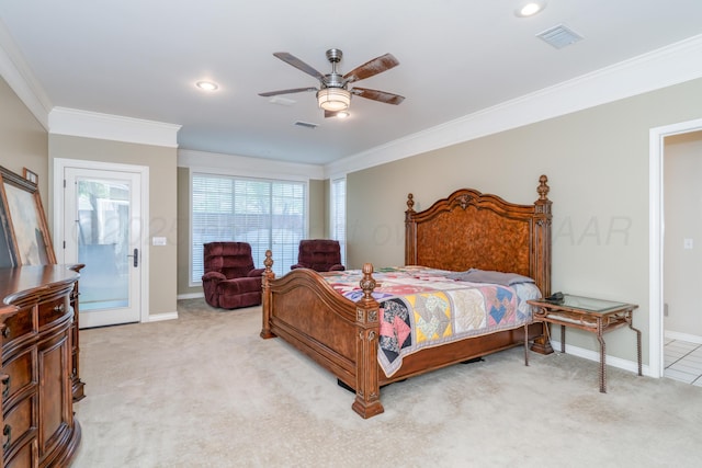 3501 Van Winkle Dr, Amarillo, TX 79121 - bedroom with ornamental molding, light colored carpet, baseboards, ceiling fan, and recessed lighting