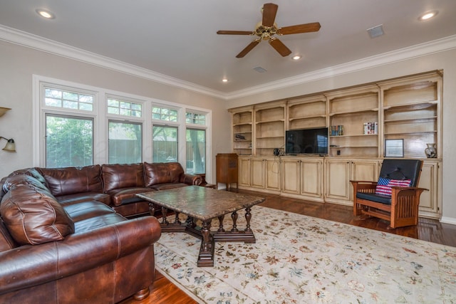 3501 Van Winkle Dr, Amarillo, TX 79121 - living room with dark wood-type flooring, a ceiling fan, crown molding, and recessed lighting