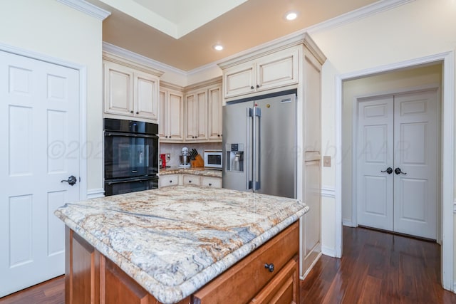 3501 Van Winkle Dr, Amarillo, TX 79121 - kitchen featuring cream cabinets, high quality fridge, white microwave, dark wood-style floors, and backsplash