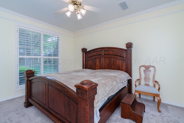 3501 Van Winkle Dr, Amarillo, TX 79121 - bedroom with light colored carpet, baseboards, crown molding, and a ceiling fan