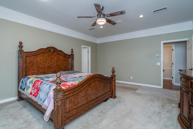 3501 Van Winkle Dr, Amarillo, TX 79121 - bedroom with light colored carpet, crown molding, baseboards, ceiling fan, and recessed lighting