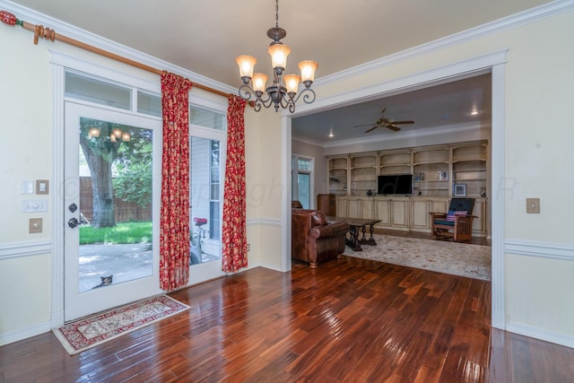 3501 Van Winkle Dr, Amarillo, TX 79121 - foyer featuring a chandelier, dark wood-type flooring, crown molding, baseboards, and a ceiling fan