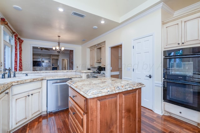 3501 Van Winkle Dr, Amarillo, TX 79121 - kitchen featuring stainless steel dishwasher, a sink, a chandelier, dark wood-style floors, and crown molding