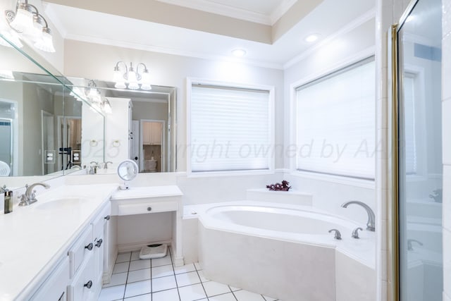 3501 Van Winkle Dr, Amarillo, TX 79121 - full bathroom featuring a stall shower, a bath, vanity, tile patterned flooring, and ornamental molding