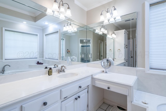 3501 Van Winkle Dr, Amarillo, TX 79121 - bathroom featuring a chandelier, ornamental molding, vanity, tile patterned flooring, and a bath
