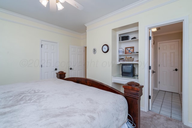 3501 Van Winkle Dr, Amarillo, TX 79121 - bedroom featuring crown molding, light colored carpet, and a ceiling fan