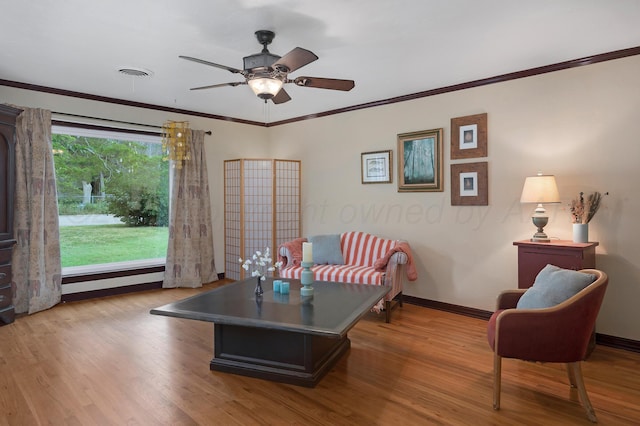 1805 Broadmoor St, Amarillo, TX 79106 - home office with wood finished floors, a ceiling fan, and ornamental molding