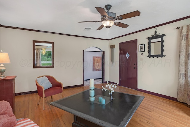 1805 Broadmoor St, Amarillo, TX 79106 - living area featuring a ceiling fan, light wood-style flooring, and ornamental molding