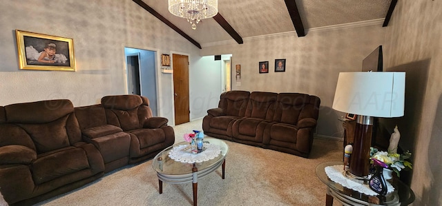 carpeted living room with lofted ceiling with beams and a chandelier