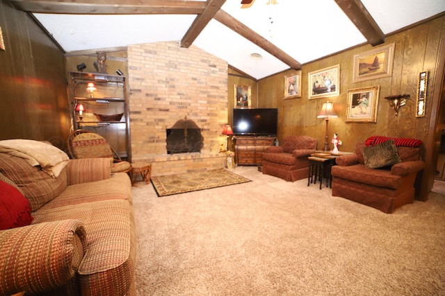 4204 Harmony St, Amarillo, TX 79109 - carpeted living room featuring ceiling fan, wooden walls, and a brick fireplace