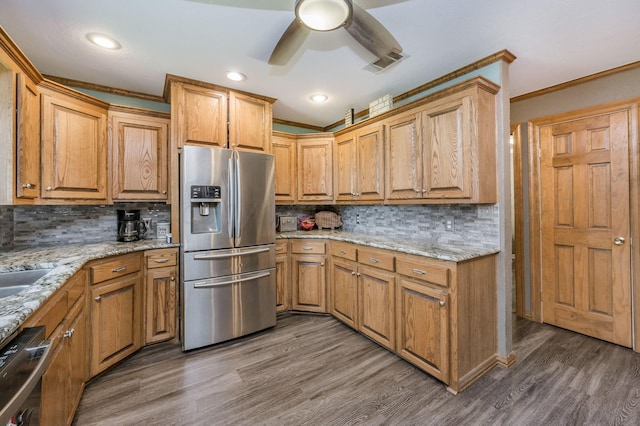 kitchen with dishwasher, dark wood-type flooring, stainless steel refrigerator with ice dispenser, decorative backsplash, and ornamental molding