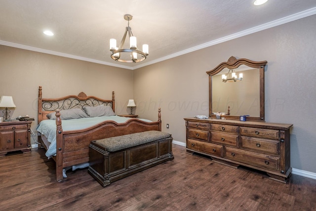 bedroom with crown molding, dark wood-type flooring, and an inviting chandelier