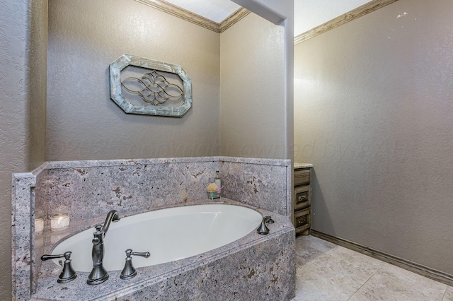 bathroom with a relaxing tiled tub and crown molding