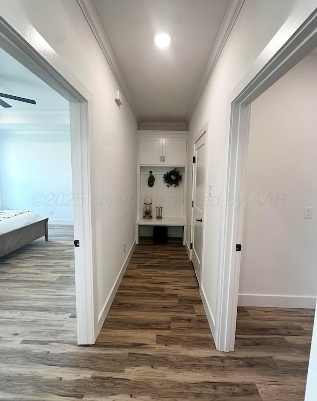 hallway featuring dark wood-type flooring, crown molding, and baseboards