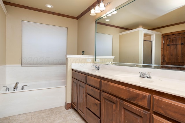 full bath with a stall shower, ornamental molding, a sink, double vanity, and a bath