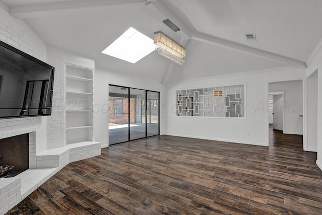 unfurnished living room featuring visible vents, lofted ceiling with skylight, a brick fireplace, wood finished floors, and baseboards