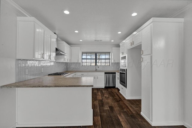 kitchen with dark wood-style floors, a peninsula, stainless steel appliances, backsplash, and exhaust hood