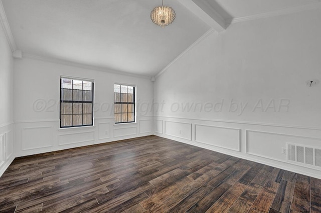 unfurnished room featuring vaulted ceiling with beams, visible vents, dark wood finished floors, and ornamental molding