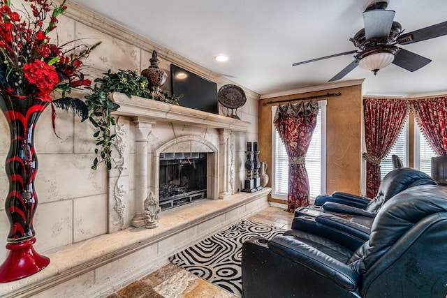 1204 University Pl, Borger, TX 79007 - living area featuring a ceiling fan, a fireplace, plenty of natural light, and crown molding