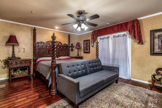 1204 University Pl, Borger, TX 79007 - bedroom featuring hardwood / wood-style floors, baseboards, a textured wall, ceiling fan, and ornamental molding