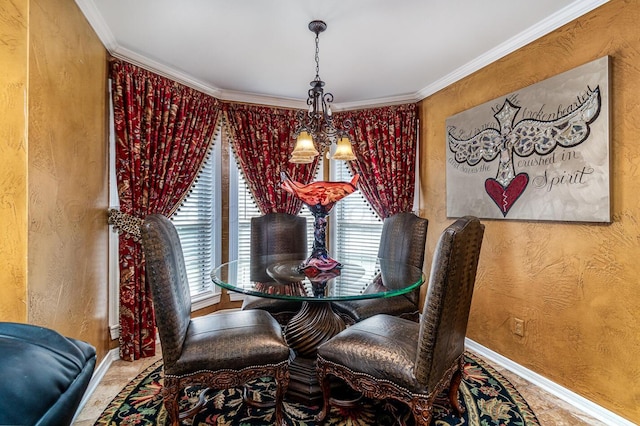 1204 University Pl, Borger, TX 79007 - dining area with baseboards, ornamental molding, and a chandelier