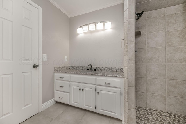 7723 Stuyvesant Ave, Amarillo, TX 79121 - full bathroom with crown molding, tiled shower, tile patterned flooring, vanity, and baseboards