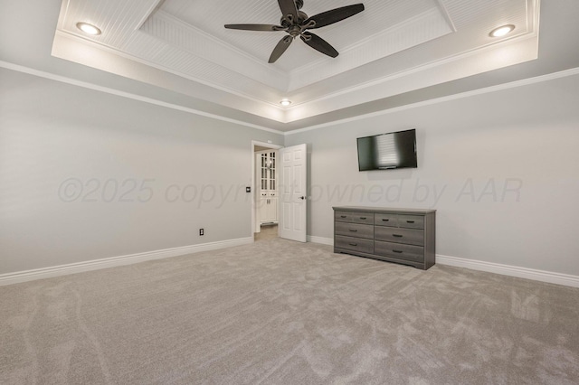 7723 Stuyvesant Ave, Amarillo, TX 79121 - unfurnished bedroom with a tray ceiling, crown molding, carpet, baseboards, and recessed lighting