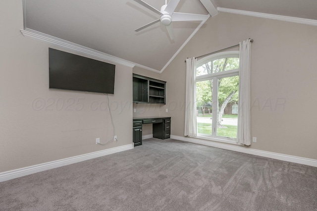 7723 Stuyvesant Ave, Amarillo, TX 79121 - unfurnished living room featuring carpet floors, ceiling fan, ornamental molding, and baseboards