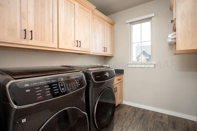 5609 Hollow Landing Ave, Amarillo, TX 79118 - laundry room with separate washer and dryer, cabinet space, dark wood-style flooring, and baseboards