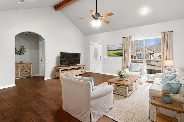 living room featuring beam ceiling, ceiling fan, dark wood-type flooring, and high vaulted ceiling