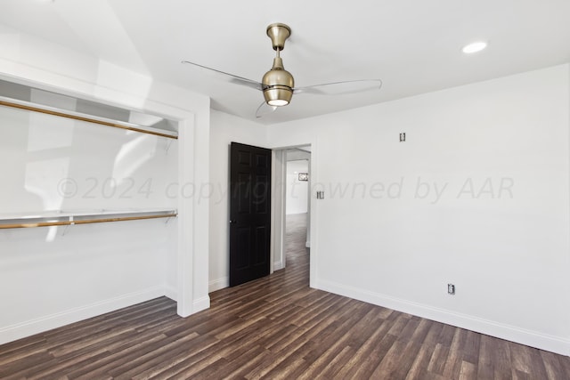 818 N Someville St, Pampa, TX 79065 - unfurnished bedroom featuring dark wood-style flooring, baseboards, recessed lighting, and ceiling fan