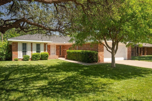 7935 Mitcham Dr, Amarillo, TX 79121 - ranch-style house featuring concrete driveway, a front lawn, an attached garage, brick siding, and a shingled roof