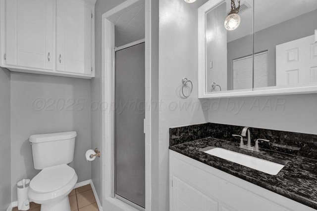 7935 Mitcham Dr, Amarillo, TX 79121 - full bathroom featuring toilet, vanity, a shower stall, and tile patterned floors