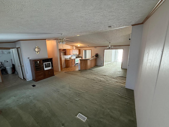 1046 S Farley St, Pampa, TX 79065 - unfurnished living room featuring crown molding, light carpet, a textured ceiling, ceiling fan, and a chandelier