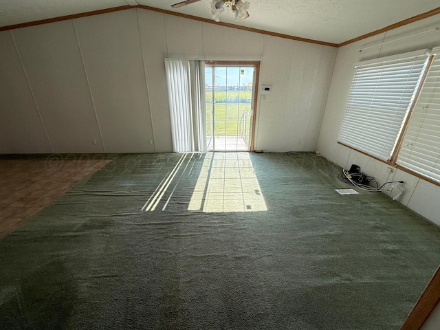 1046 S Farley St, Pampa, TX 79065 - unfurnished living room with lofted ceiling, ornamental molding, carpet, a ceiling fan, and a textured ceiling
