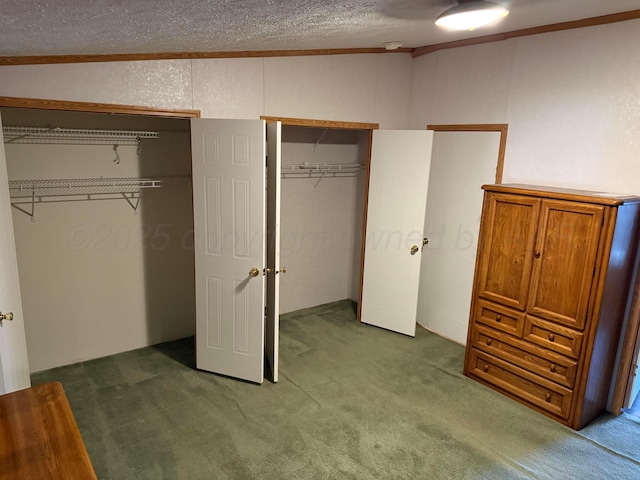 1046 S Farley St, Pampa, TX 79065 - unfurnished bedroom featuring carpet flooring, a textured ceiling, multiple closets, and crown molding