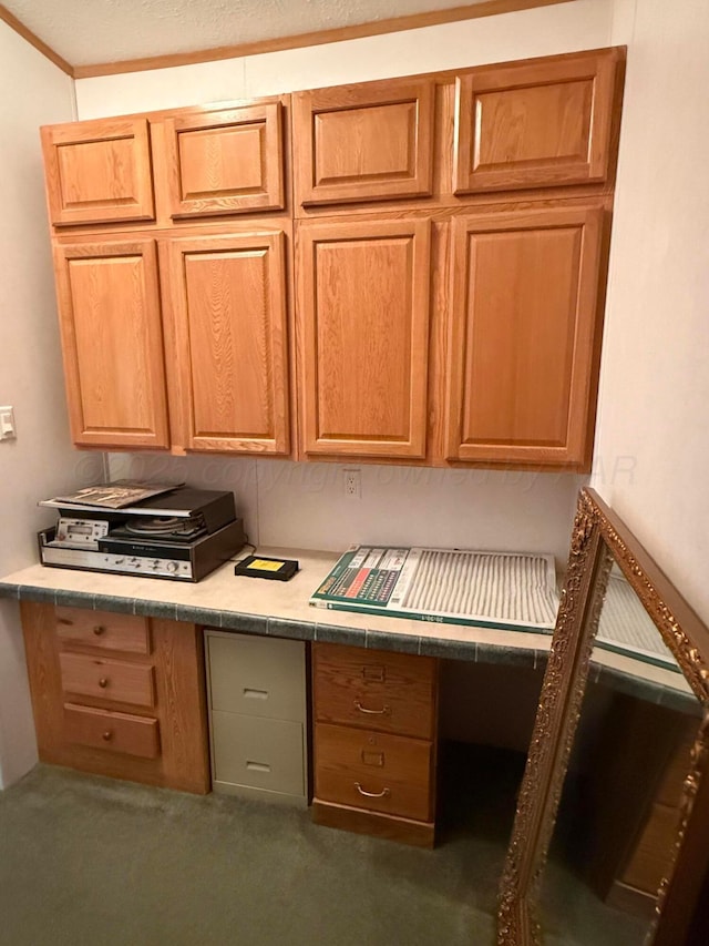 1046 S Farley St, Pampa, TX 79065 - unfurnished office featuring built in desk, carpet, and ornamental molding