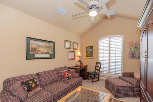 6504 Bayberry Ln, Amarillo, TX 79124 - living area featuring light carpet, vaulted ceiling, and ceiling fan