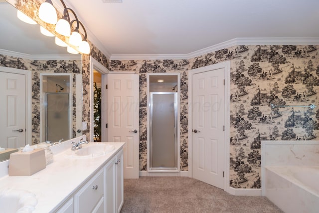 6504 Bayberry Ln, Amarillo, TX 79124 - bathroom with wallpapered walls, a bath, double vanity, ornamental molding, and a stall shower