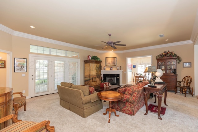 6504 Bayberry Ln, Amarillo, TX 79124 - living room featuring light carpet, crown molding, a glass covered fireplace, a ceiling fan, and baseboards